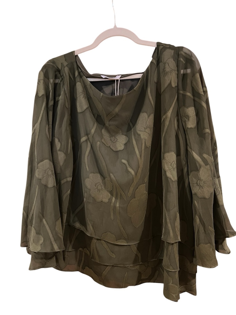 Women's Olive Green Floral Sheer Layered Blouse